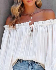 Elegant Women Lantern Sleeve Blouse Sexy Off Shoulder Frill Hem Top All-Match White Shirt Stylish and Eye Catching