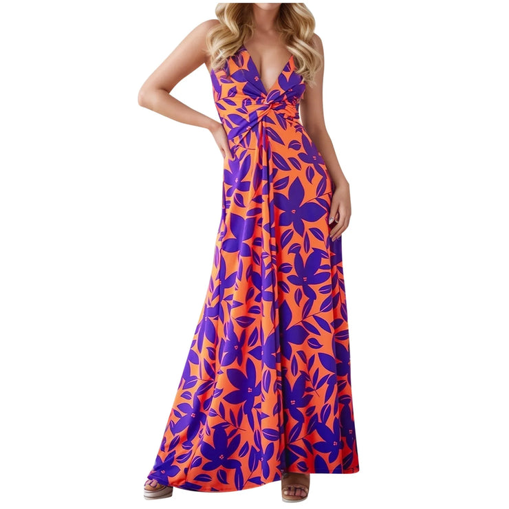 Neck Slim Sleeveless Maxi Floral Sexy Backless Hawaii Dresses