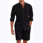 Men's cotton-linen two-piece set with long sleeve button shirt and elastic waist shorts in black.