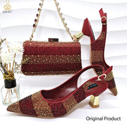 Nigerian Women Heel  Italian Design Shoes And Bag Set Decorated with Rhinestone