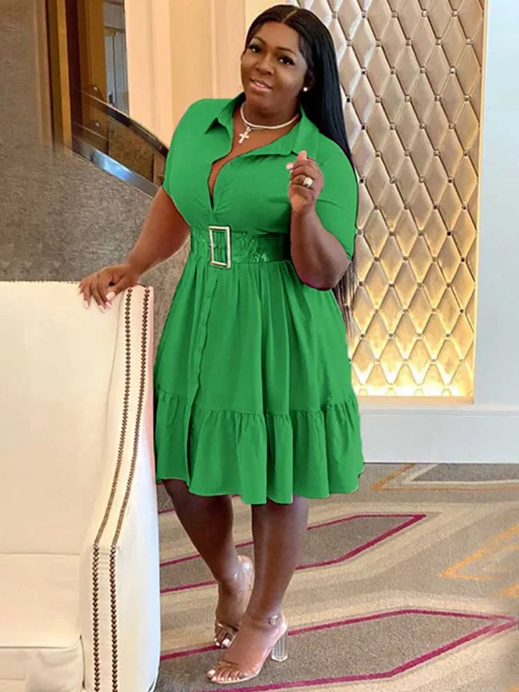 Elegant short sleeve green dress with buttoned A-line, turn-down collar, and knee-length for women.