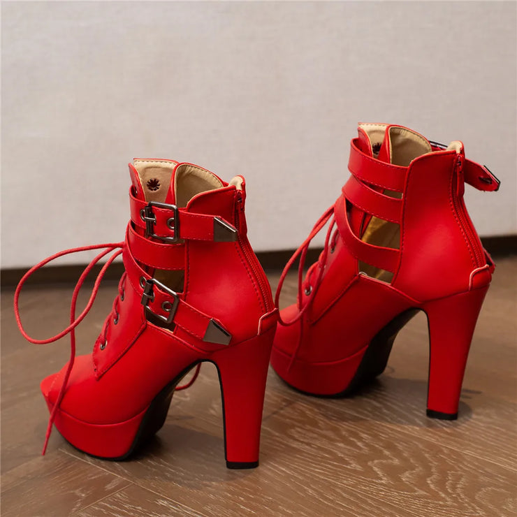 Women Peep Toe Ankle Platform Lace Up High Heels Boots