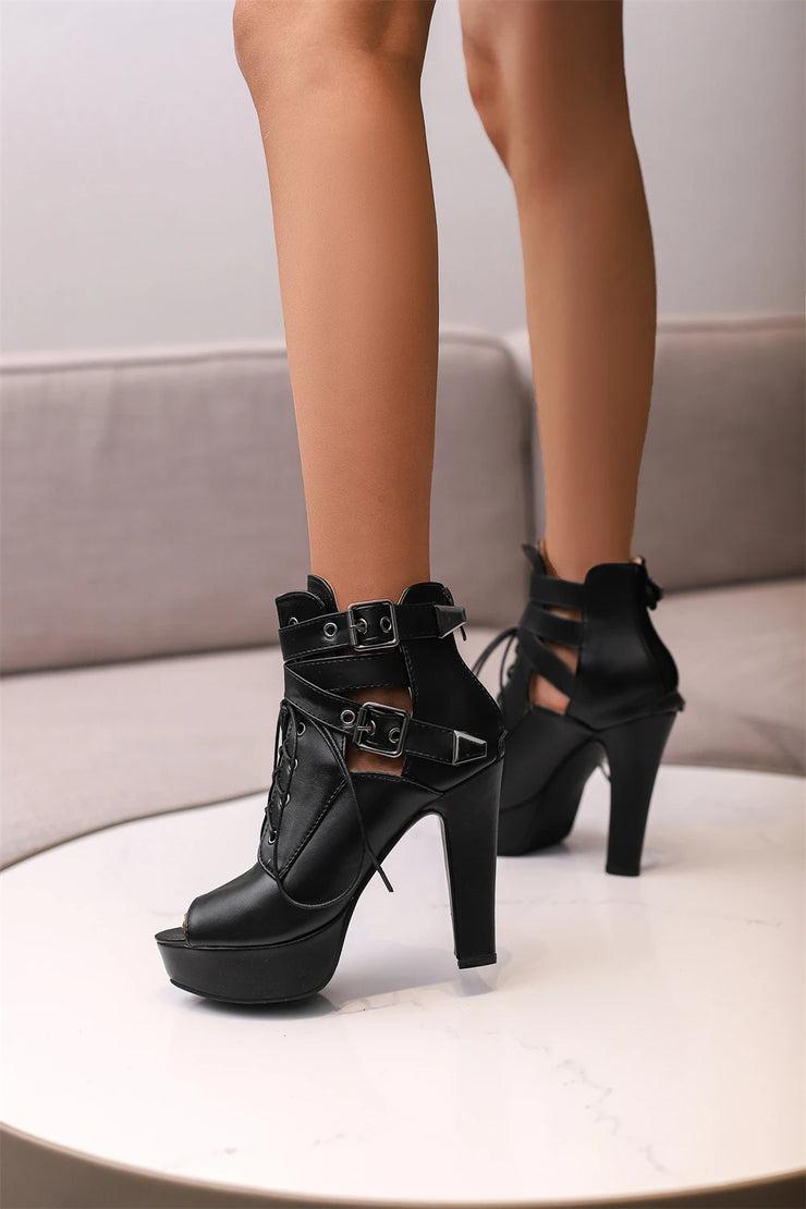 Women Peep Toe Ankle Platform Lace Up High Heels Boots