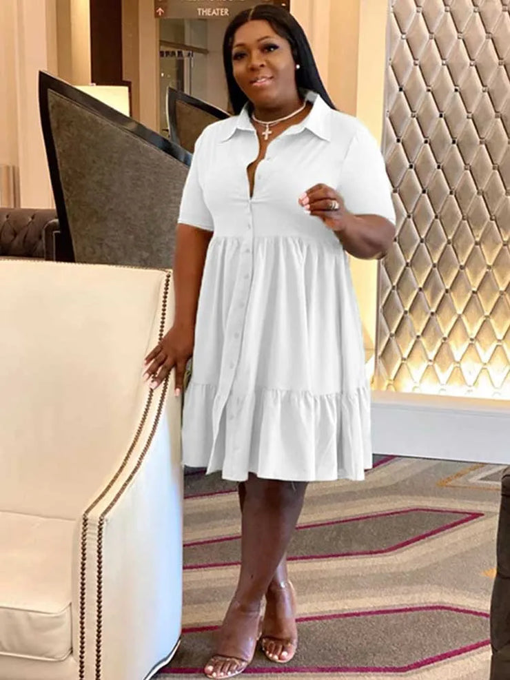 Elegant women’s short sleeve A-line shirt dress with buttons, perfect for summer.