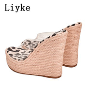 Women Leopard Grain Peep Toe  Platform High Heels Sandals Slip-On PVC Transparent Shoe