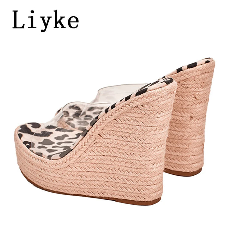 Women Leopard Grain Peep Toe  Platform High Heels Sandals Slip-On PVC Transparent Shoe