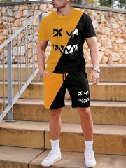 Men's urban street fashion crew neck short sleeve suit with simple design and appliques.