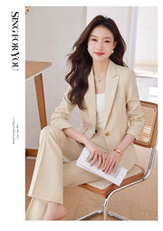 NAVIU 2 Piece Women's Office Blazer Set with High-Waist Pencil Pants Turn-Down Collar Elegant Apricot Black Pink Ladies Suits