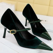 Korean Velvet High Heels Women's Pumps 10cm 7cm Thin Heel Pointed Toe Metal Buckle Shallow Montage Party Shoes