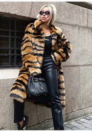 Winter Women's Luxury Long Tiger Fur Coat Elegant Thicken Warm