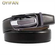 Men's genuine leather ratchet belt with alloy buckle, casual style.