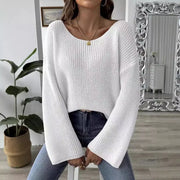 Women's Off-The-Shoulder Flare Sleeve Sweater Loose Fit Pullover Top European American Style Solid Knit