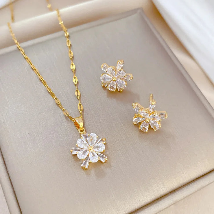 Stainless Steel Lovely White Crystal Flower Charm Necklace Earrings  Trendy Jewelry Set Gift