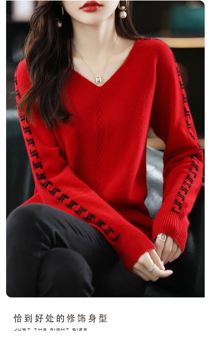 Women Pure Wool  V-Neck Stitching Long-Sleeved Autumn Winter Pullover Loose Knitted Cashmere Sweater