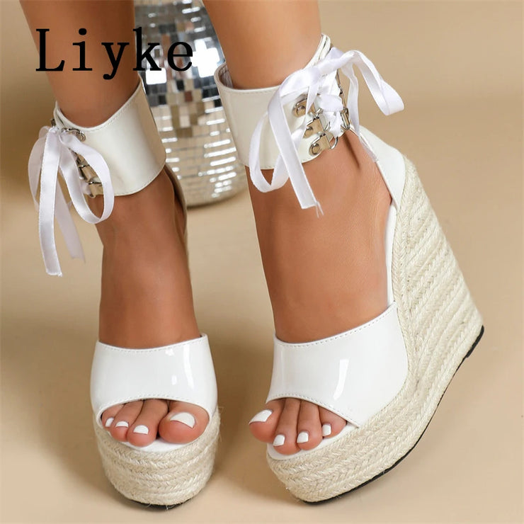 Women  Patent Leather Ankle Cover Strap Platform Wedge  Open Toe Lace Up  Shoe/Sandals