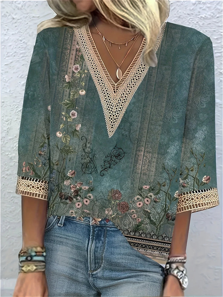 Elegant loose fit casual blouse for women, featuring a floral print and crochet details.