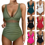 Women's Sexy Mesh Splicing Solid One-Piece Bikini Swimwear Wire-Free Support High-Waist Comfortable Fit