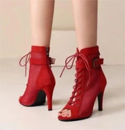 Women  Hollowed Mesh Heels Belt Buckle Lace-up Sexy Open Toe Stiletto J Shoes