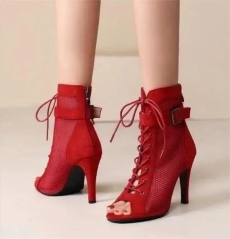 Women  Hollowed Mesh Heels Belt Buckle Lace-up Sexy Open Toe Stiletto J Shoes