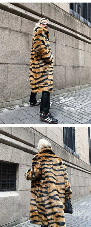 Winter Women's Luxury Long Tiger Fur Coat Elegant Thicken Warm