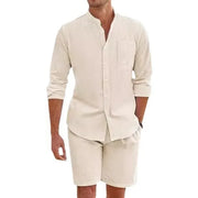Men's cotton-linen two-piece set with long-sleeve button shirt and elastic waist shorts.