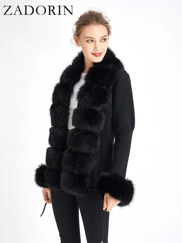 Women Luxury Knit Winter Elegant Detachable Fur Cardigan Korea Style Sweater