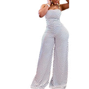 High street casual style jumpsuit with backless design and dot pattern wide leg pants.
