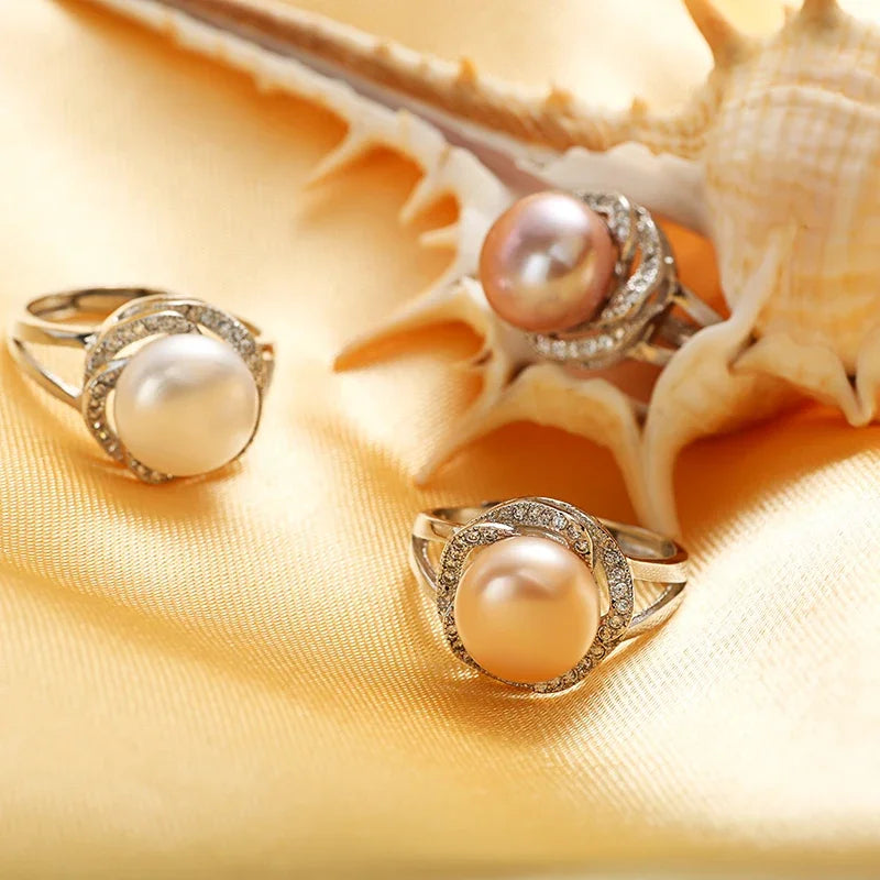 Women sterling silver natural pearl   stone ring adjustable white/pink/purple pearl