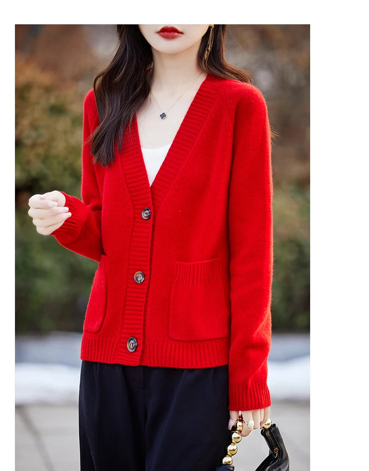 Women cardigan  V-neck 100% wool sweater