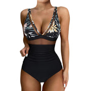 Women's Sexy Mesh Splicing Solid One-Piece Bikini Swimwear Wire-Free Support High-Waist Comfortable Fit