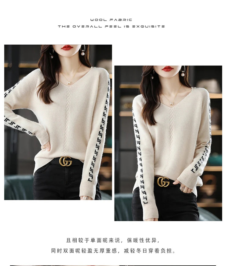 Women Pure Wool  V-Neck Stitching Long-Sleeved Autumn Winter Pullover Loose Knitted Cashmere Sweater