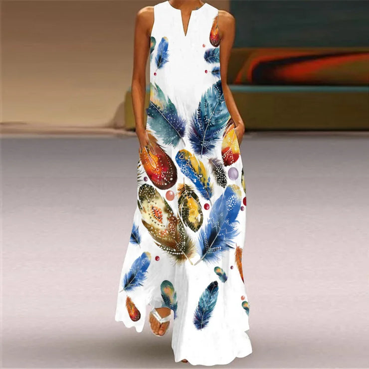 Women Casual Loose 3D Wind Chime Printed White Long Dress