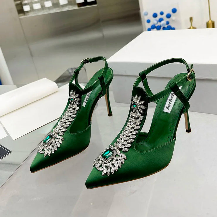 Ladies Rhinestone Pointed Toe Stiletto High Heels Satin Gemstone Ankle-Wrap Buckle Strap  Fairy Pump