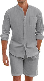 Men's cotton-linen two-piece set with button shirt and shorts for casual beachwear.