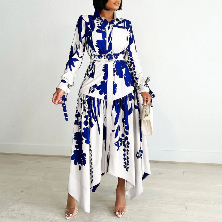 Elegant Long Sleeve Printed Shirt Dress for Women with Waist Belt Modest African Style