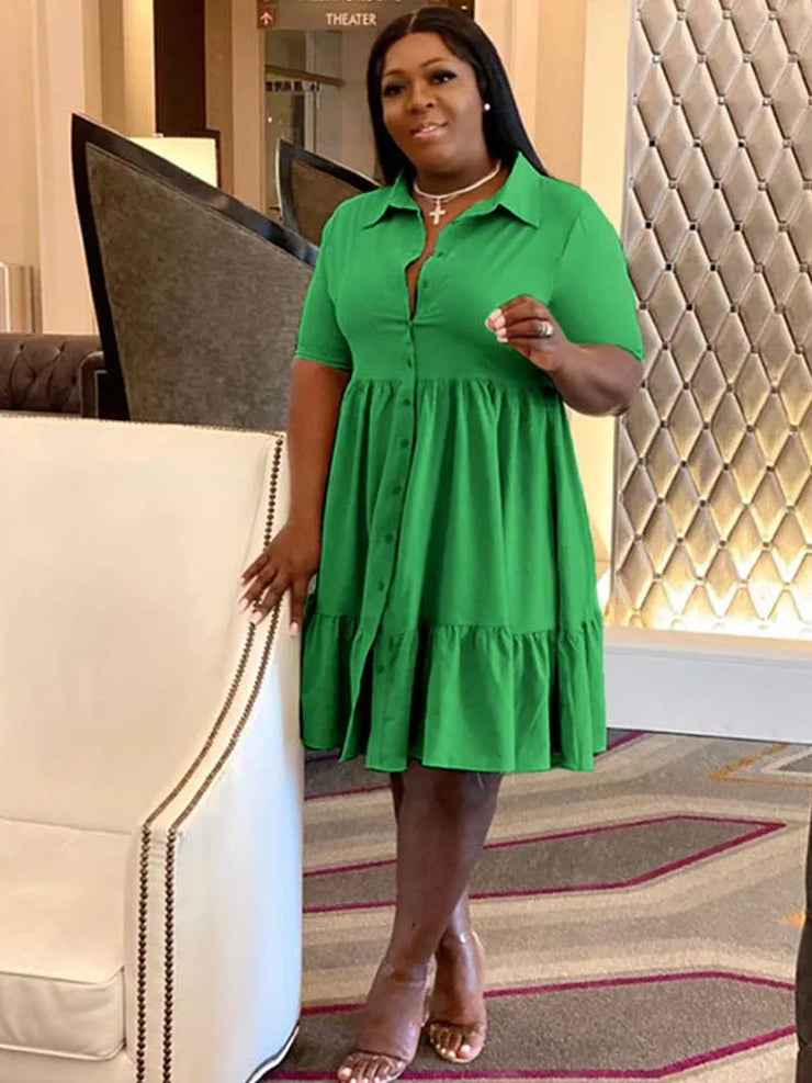 Elegant green shirt-style A-line dress with buttons, short sleeves, and turn-down collar for women.