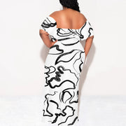 Plus size off-shoulder maxi dress with black and white sketch art design, casual summer style.