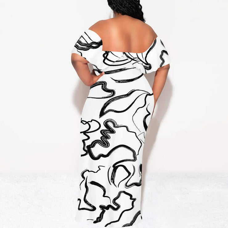 Plus size off-shoulder maxi dress with black and white sketch art design, casual summer style.