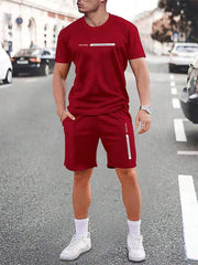 Men's urban street fashion crew neck short sleeve sweatshirt in red, featuring simple design and comfortable fit for casual outdoor style.