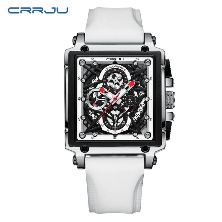 CRRJU Fashion Sports Watch Large Dial Unique Rectangular Hollow Design Quartz Wristwatch with Chronograph Auto Date Silicone Band