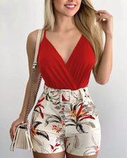 Women's slim fit 2 piece set with red print top and floral shorts, summer-ready casual outfit.