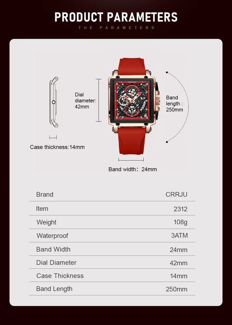 CRRJU Fashion Sports Watch Large Dial Unique Rectangular Hollow Design Quartz Wristwatch with Chronograph Auto Date Silicone Band