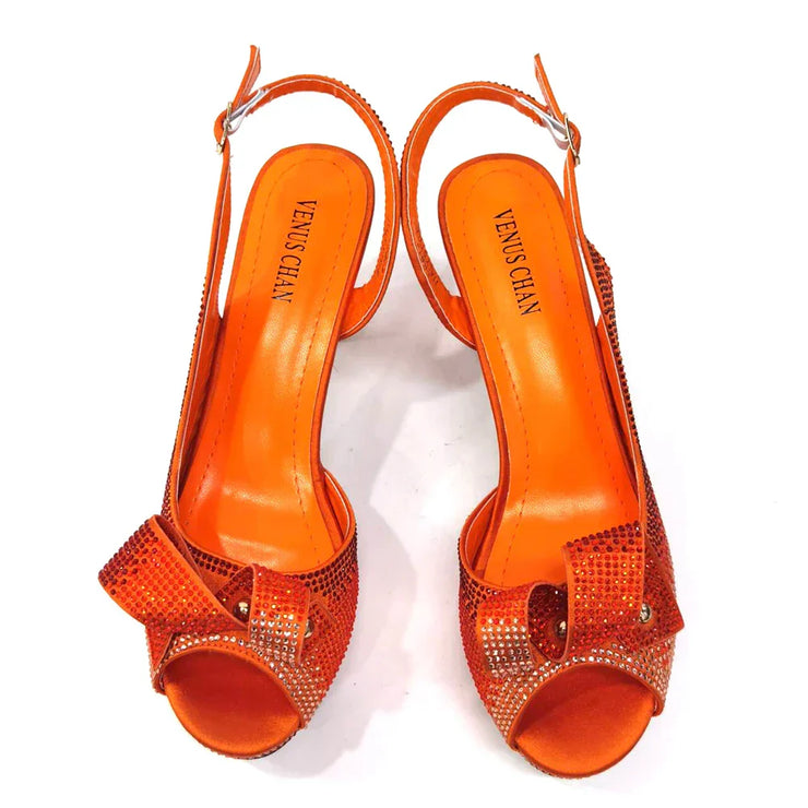 Venus Chan Newest INS Style Peach Color Rhinestone Elegant High Heels Nigeria Popular Design African Ladies Shoes