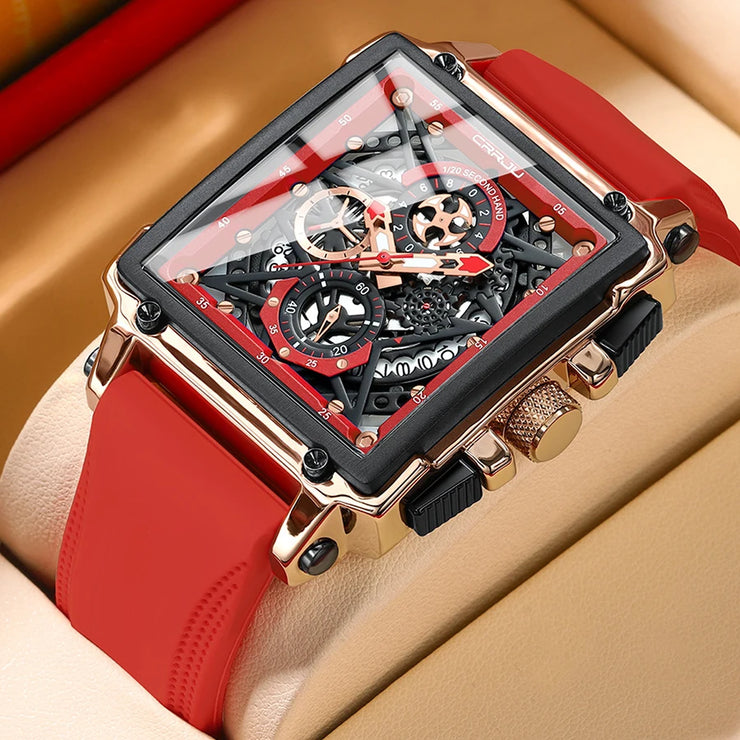CRRJU Fashion Sports Watch Large Dial Unique Rectangular Hollow Design Quartz Wristwatch with Chronograph Auto Date Silicone Band
