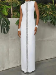 Stylish Shiny Stand Collar Sleeveless Prom Party Dress Back-Split X-Shape Urban Trendy Ankle-Length Women's Slim Fit Dress