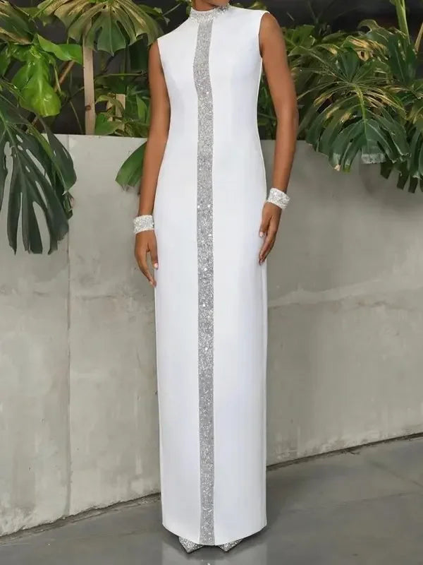 Stylish Shiny Stand Collar Sleeveless Prom Party Dress Back-Split X-Shape Urban Trendy Ankle-Length Women&