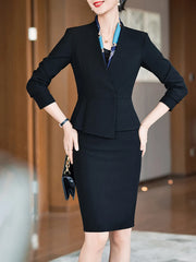 Women's Slim Fit V-Neck Blazer And Chic Elegant Skirt Office Suit Contrast Color Long Sleeve Blazer Blended Polyester above Knee