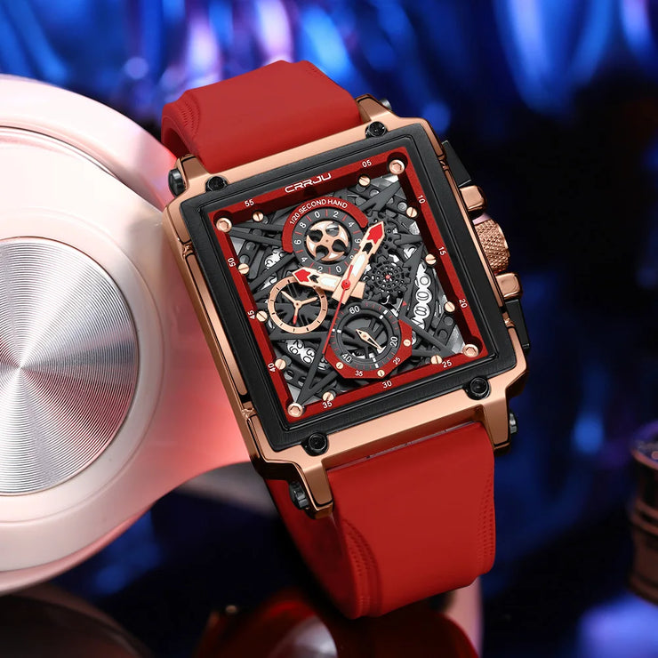 CRRJU Fashion Sports Watch Large Dial Unique Rectangular Hollow Design Quartz Wristwatch with Chronograph Auto Date Silicone Band