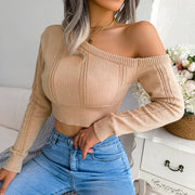 Women's Sexy Knitted One Shoulder Crop Top Long Sleeve Hollow out White Sweater Casual Slim Fit Pullover for Autumn Winter