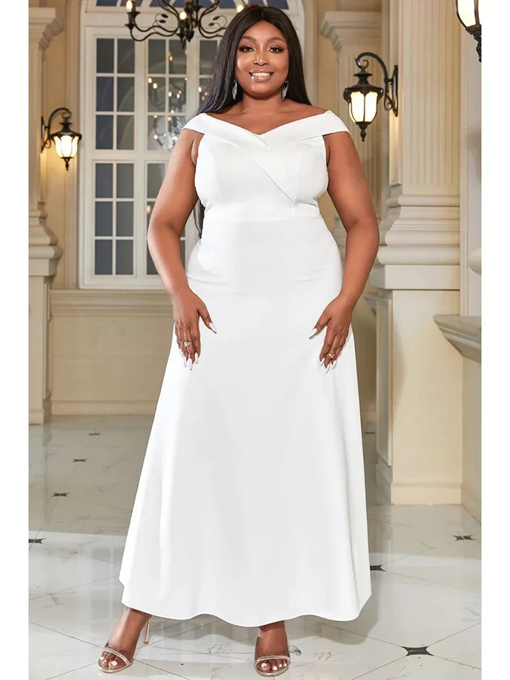 Summer white plus size maxi dress with V-neck and off-the-shoulder design, featuring short sleeves and elegant A-line silhouette.